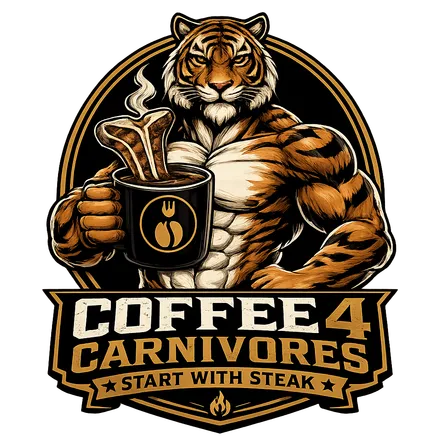 Coffee4Carnivores — a muscular tiger holding a coffee mug stirred by a T-bone steak bone. Start With Steak.
